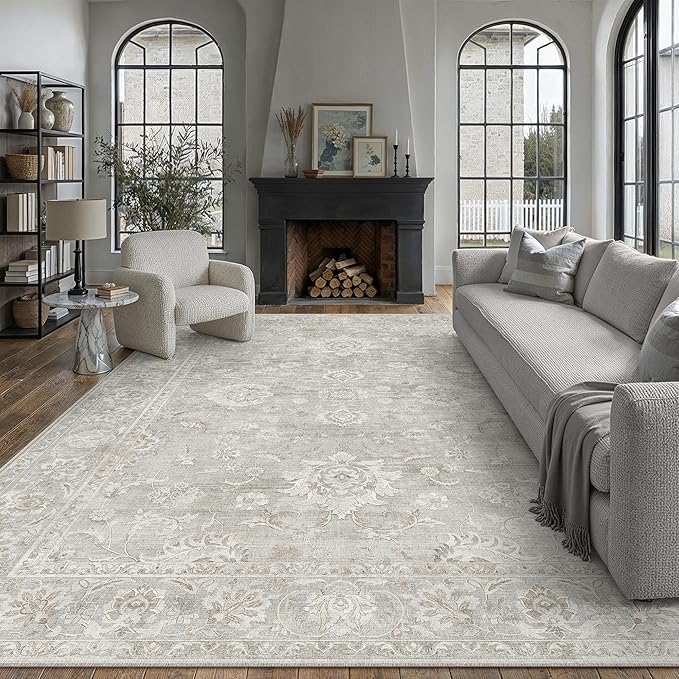 9x12 Grey Neutral Area Rug | Washable, Vintage, Soft, Non Slip, Low Pile, Distressed, Carpet for Living Room Bedroom Dining Room Nursery Home Decor