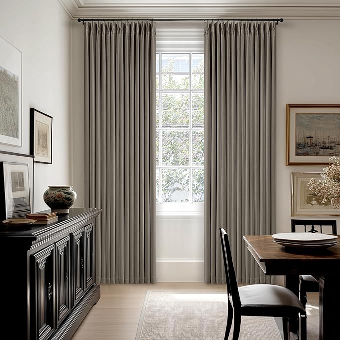 Taupe Pleated Linen Blackout Curtains 84 Inch Long for Bedroom Living Room | Pinch Pleat Ring Hooks Back Tab, Black Out, Thermal Insulated, Room Darkening, Brownish Gray 84 Inch Curtains with Liner