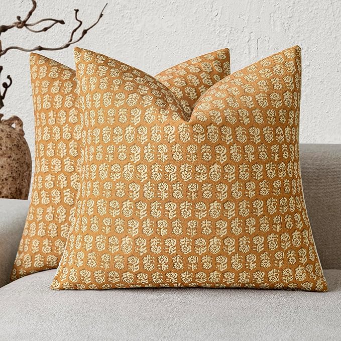 Foindtower Set of 2 Decorative Vintage Floral Print Throw Pillow Covers Neutral Modern Farmhouse Cushion Cover Boho Home Decor For Sofa Couch Chair Bedroom Living Room Outdoor,24×24 Inch,Golden Orange