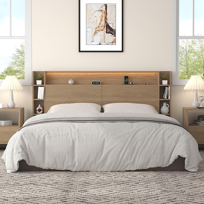 Queen Wall Mount Solid Wood Leg Headboard with Storage | Headboard Only,USB Charging ,Rgb Light,Modern backboard,Integrated fit,Sturdy and Stable Bed Board
