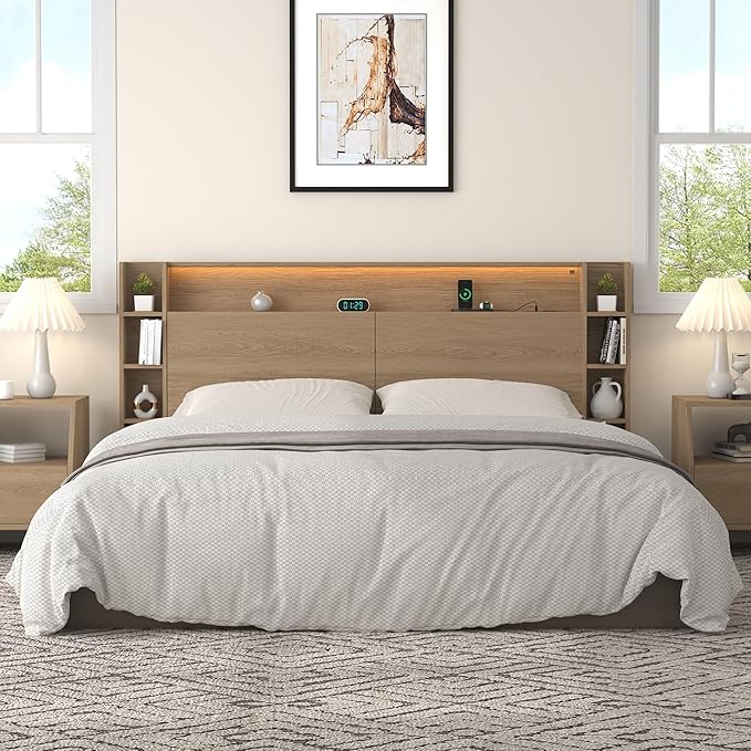 King Wall Mount Solid Wood Leg Headboard with Storage | Headboard Only,USB Charging ,Rgb Light,Modern backboard,Integrated fit,Sturdy and Stable Bed Board