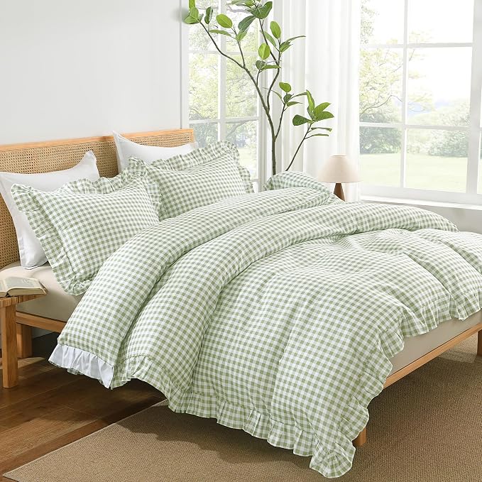 Andency Sage Gingham Duvet Cover Queen, Ruffle Shabby Bedding Set 3 Pcs | Farmhouse Soft Pre-Washed Polyester Comforter Cover with Zipper Closure & Corner Ties, 90x90Inch
