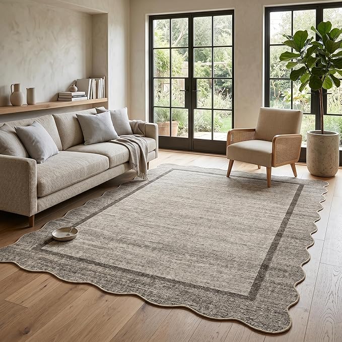 GarveeHome Scalloped Washable Rug 6x9 Rugs for Living Room Non Slip Brown | Modern Brown Nursery Rug Large Area Rug for Bedroom Throw Rugs Soft Low Pile Stain Resistant Carpet for Classroom