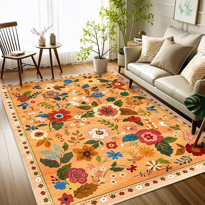 RELEANY Floral Washable 3x5 Area Rugs Orange/Yellow/Red | Flower Carpet, Print, Boho, Non-Slip, Easy to Clean, Soft, Low Pile for Living Room Bedroom Kitchen Office Entryway Hallway