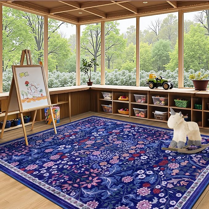 PLHXFR Area Rug Living Room: 5x7 Floral Washable Boho Soft Carpet Blue | For Bedroom Dining Room Farmhouse Nursery Hallway,Vintage Floral,Machine washable,Non Slip,Stain Resistant,Large Indoor