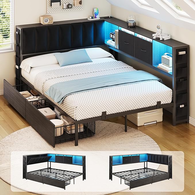 MapleGrace Full Corner Bed Frame with Upholstered Storage Headboard and Drawers, Metal Platform Bed Frame with LED Light and Charging Station, Full Daybed for Living Room, Bedroom & Guest Room, Black