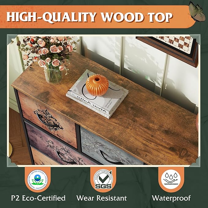 WLIVE Dresser for Bedroom, 7 Drawers, TV Stand, Pattern | 7 roomy fabric drawers, Fits TVs up to 45 inch, Bedroom or living room, Wide storage design, Chest of drawers