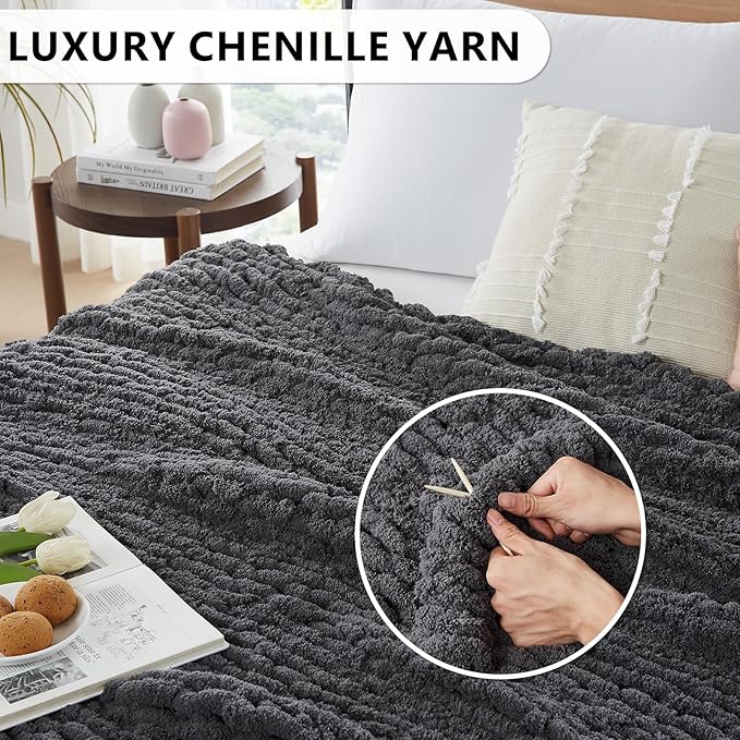 L'AGRATY Chunky Knit Throw Blanket for Couch, 50 x 60 Inches, Dark Grey | Handmade Chenille Crochet Blanket for Sofa Bed, Thick Cable Knitted Blankets for Room Home Decor, Birthday Gift for Women Mom