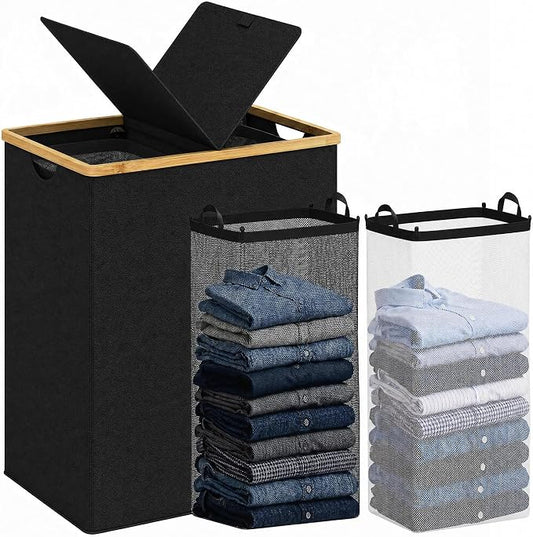 efluky Laundry Hamper with Lid, Double Laundry Basket with 2 Removable Bags, 2 Section Laundry Bin with Bamboo Handles for Bathroom, Bedroom & Laundry Room, 170L (44.9 Gallon) Black