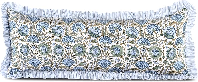 Ridhi Block Print Asparagus Green Ruffle Lumbar Pillow Shams, 36" x 14" | 100% cotton, Floral Pillowcase, Cushion Cover, Hidden Zipper, Cottagecore Bedding, farmhouse boho style, fits couch, sofa,Bed