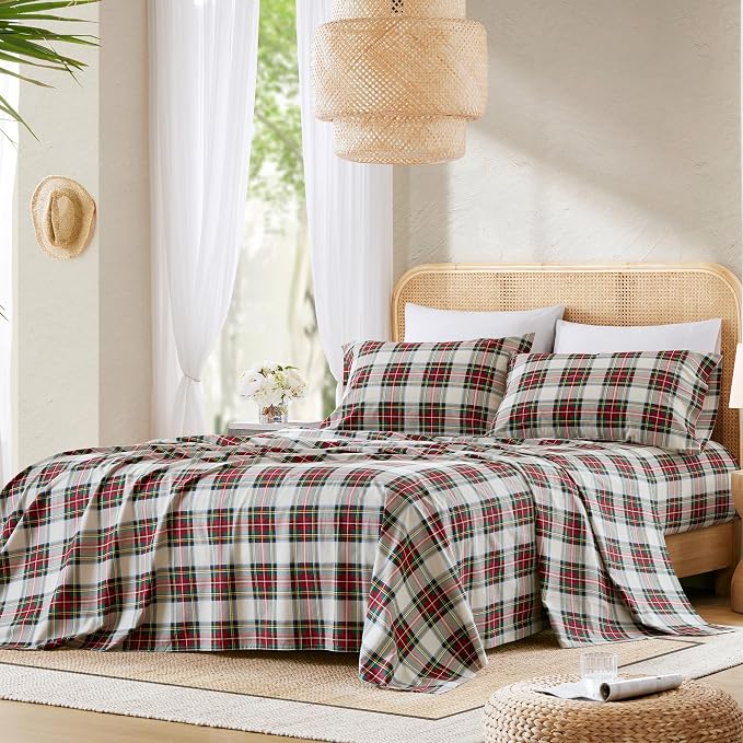 Comfort Spaces 100% Cotton Percale Sheets Full Sheet Set, 4 Piece | Crisp, Cool & Breathable Bed Sheets, 14" Deep Pocket Fits Up to 16" Mattress, Lightweight, All Season, Scottish Plaid Red