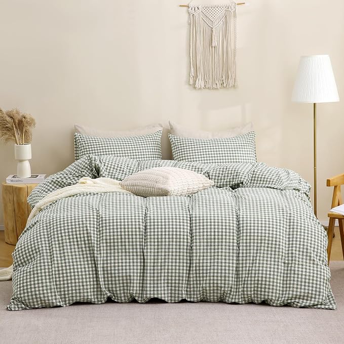 TOCOMOA Green Gingham Duvet Cover Set Washed Cotton Like Linen, King | 100% Washed Cotton Linen-Like Feel Soft, Breathable & Comfy. Lightweight Bedding Set with Zipper & 8 Ties. 3 Pcs, No Insert