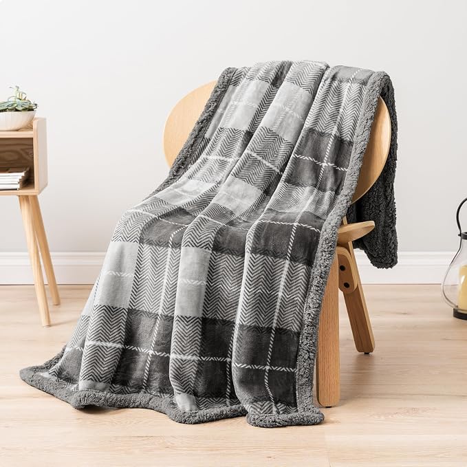 PAVILIA Twin Plaid Sherpa Throw Blanket for Couch Sofa Bed Light Grey 60x80 | GSM 460; Soft Plush Flannel Fleece; Warm&Cozy for Home; Machine Washable, Perfect Cabin Decor Winter Holiday Christmas Gift