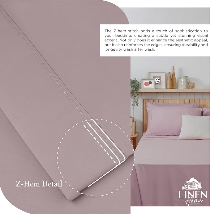 Linen Home 100% Cotton Percale Sheets Twin Size,Mauve Lavender, Deep Pocket, 3 Pieces Set - 1 Flat, 1 Deep Pocket Fitted Sheet and 1 Pillowcase, Crisp Cool and Strong Bed Linen