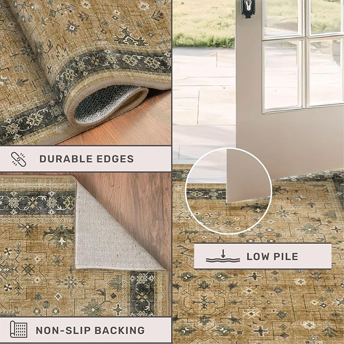 Washable Long Runners for Hallways, 2'6"x8' Wide Kitchen Runner Rug, Bohemian Rustic Brown and Charcoal Olive Entryway Indoor Rug, Non-Slip Stain & Fade Resistant