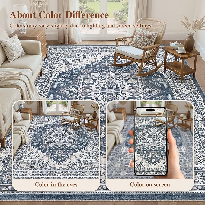 UERMEI 6x9 Area Rug for Living Room - Washable Vintage Carpet, Non-Slip Soft Large Indoor Floor Rugs for Bedroom Home Office & Under Dining Table Decor, Denim Blue/White