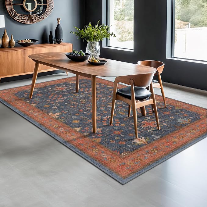Navy Blue Area Rug 5x7 Living Room Rug - Machine Washable Rugs for Bedroom, Dining Room, Kitchen Floor, Small Office, Low Pile Non-Slip Rubber Backing & Stain Resistance