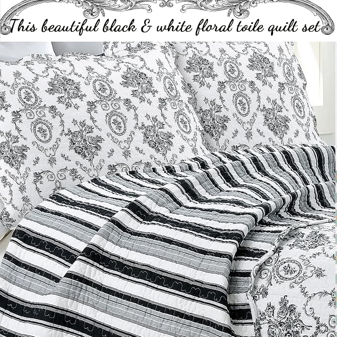 Cozy Line Home Fashions French Medallion Black White Grey Rose Flower Pattern Printed 100% Cotton Bedding Quilt Set Reversible Coverlet Bedspread (Black White, King - 3 Piece)