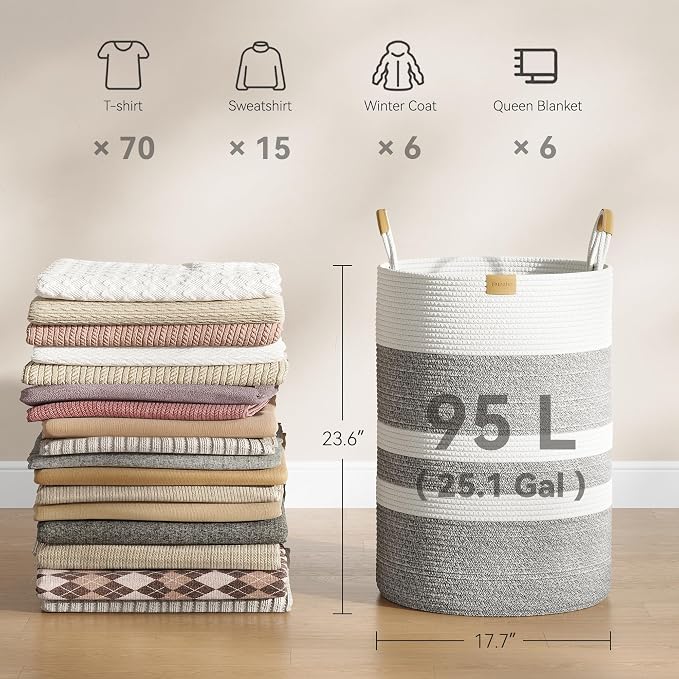 Nunsino 95L Striped Laundry Hamper with Leather Handles,Large Foldable Laundry Basket for Clothes,Cotton Rope Storage Bin for Blankets,Woven Clothes Basket for Bedroom,Gray Stripes
