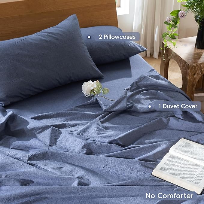 MooMee Duvet Cover Set 100% Washed Cotton Linen Like Queen | Relaxed Linen-like Texture. Soft, Breathable & Long-lasting Comfort. Lightweight. Hidden Zipper with 8 Interior Corner Ties