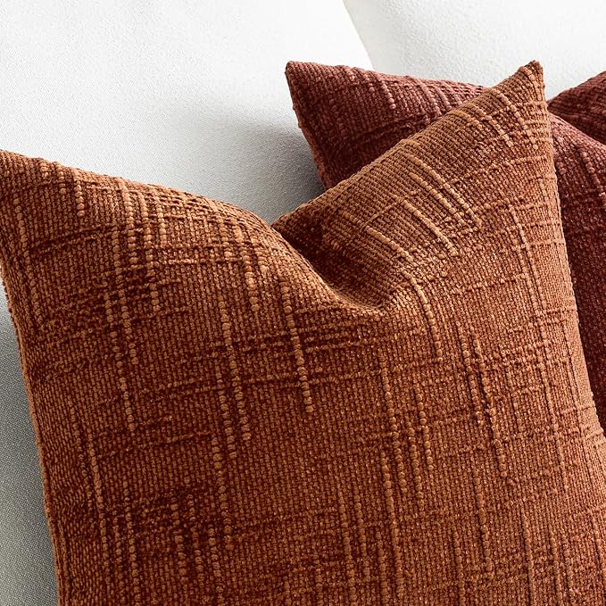 MIULEE Chenille Textured Fall Throw Pillow Covers Burnt Orange 18x18 | Set of 2, Slubby Decorative Pillows, Boho Farmhouse Home Decor, Modern Neutral Cushion Covers for Couch Sofa Bed Living Room