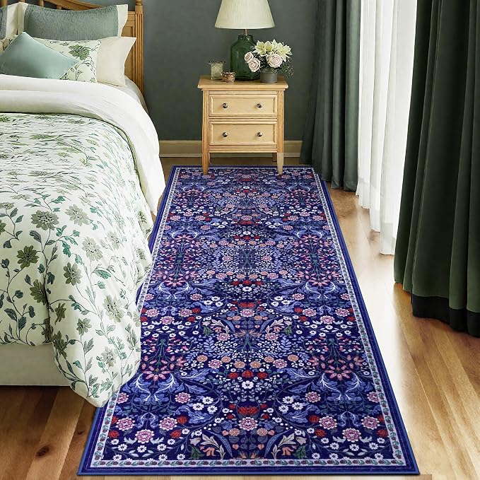 PLHXFR 2x5 Washable Runner Rug：Floral Indoor Kitchen Soft Carpet Blue | For Hallway Bedroom Kitchen Laundry Bathroom Dorm,Vintage Floral,Machine washable,Non Slip,Stain Resistant,Indoor Floor