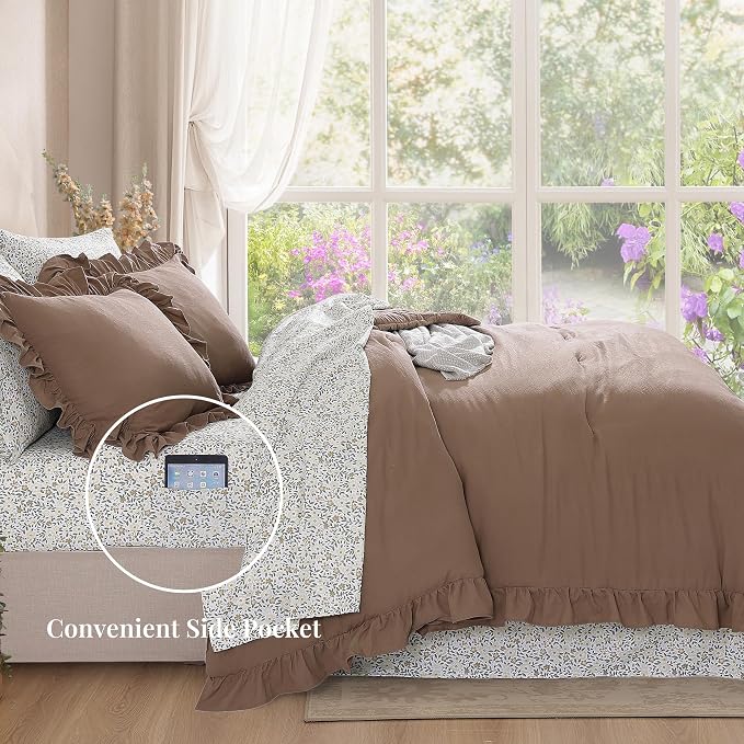 Full Size Comforter Sets-7 Pieces Ruffle Bedding Floral Sheet | Brown Bed in a Bag, Soft Lightweight All Season Farmhouse Full Size Bedding Sets with Floral Sheets, Pillowcases & Shams