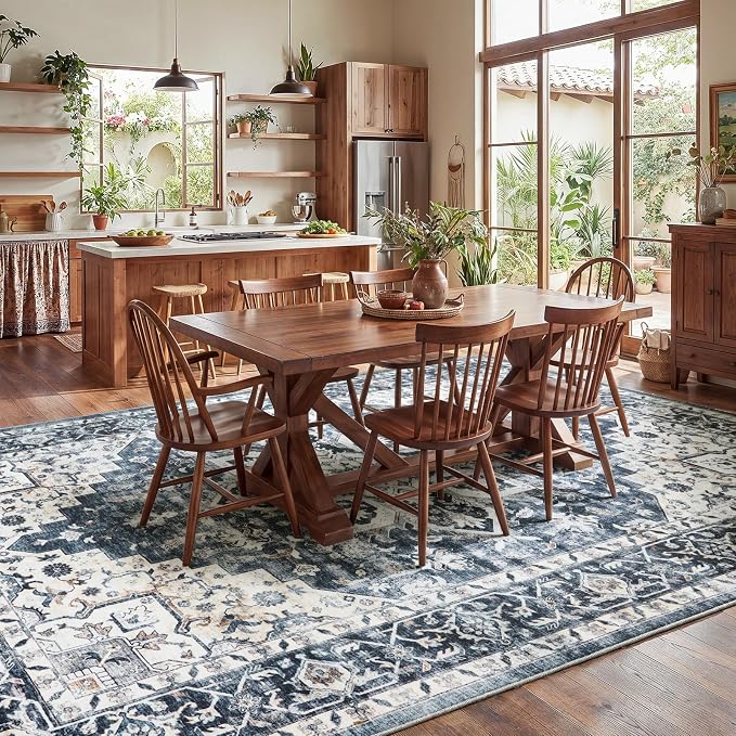 AMADA HOMEFURNISHING 8x10 Washable Area Rug, Low-Profile with Non-Slip Backing & Durable Edge Binding, Vintage Large Rugs for Living Room, Bedroom, Dining Room, Blue