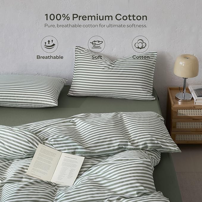 JELLYMONI 100% Cotton Printed Striped Queen Duvet Cover Set, Green | Breathable and Soft, Classic Stripes, 8 Corner Ties & Double-Head Hidden Zipper, For Master or Guest Bedroom