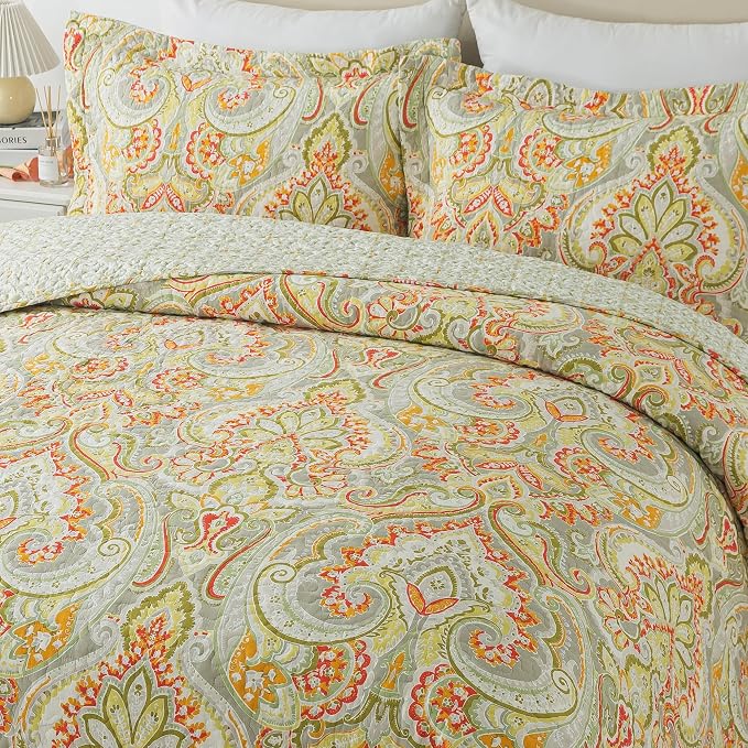 Cotton Bedspread Quilt Sets-Reversible Patchwork Coverlet Set, European Beige Floral Pattern, Queen Size