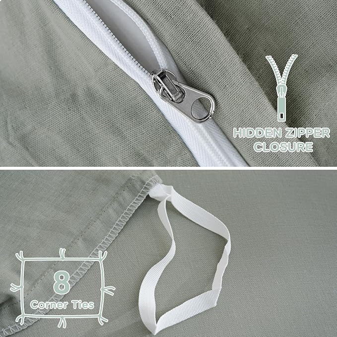 TOCOMOA 100% Muslin Cotton Duvet Cover Set, Sage Green, Queen | Linen-Like Texture. Ultra Soft, Breathable, Comfy & Lightweight Bedding Set with Zipper & 8 Ties. 3 Pcs, No Insert
