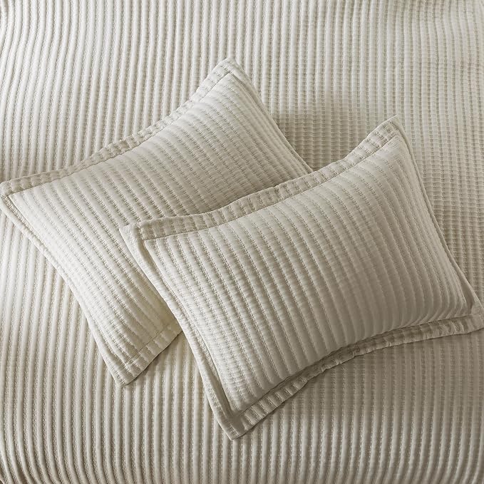 WDCOZY Beige Queen Size Quilt Set, Striped Pick Stitch Bedspread | Lightweight Soft Channel Coverlet, Spring Summer Thin Comforter, Farmhouse Rustic Country Bedding