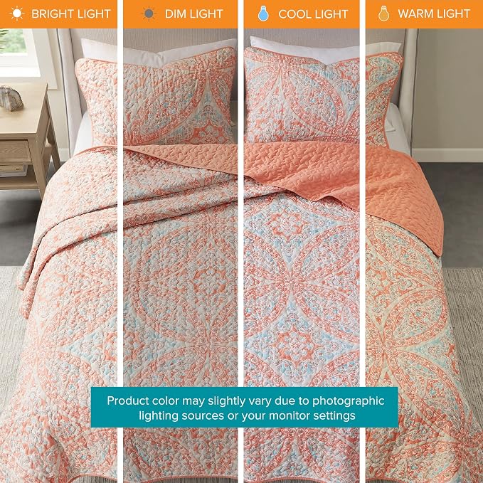 Comfort Spaces Gloria Boho Full Queen Quilt Set 3 Piece for Summer Coral | Reversible Coverlet Bedspread, Soft All Season, Medallion Pattern, Winter Layer with Shams Modern Lightweight, Cozy Comfort