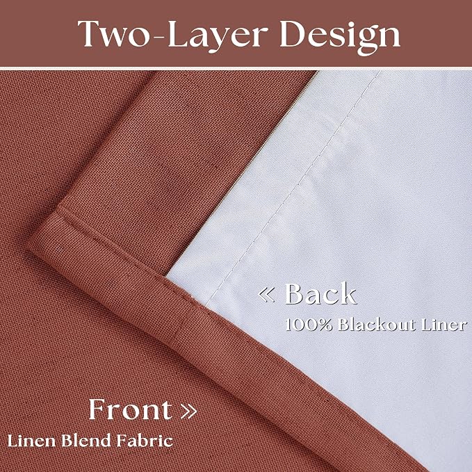 Firebrick Pinch Pleated Blackout Linen 45 Inch Curtains with Liner 2 Panels | Memory Trained, Thermal Insulated, UV Blocking, Noise Reducing, Room Darkening, 100% Black Out Short Curtains for Kitchen