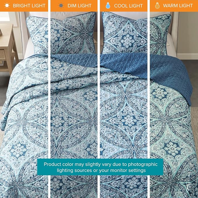 Comfort Spaces Gloria Boho Full Queen Quilt Set 3 Piece for Summer Aqua | Reversible Coverlet Bedspread, Soft All Season, Medallion Pattern, Winter Layer with Shams Modern Lightweight, Cozy Comfort