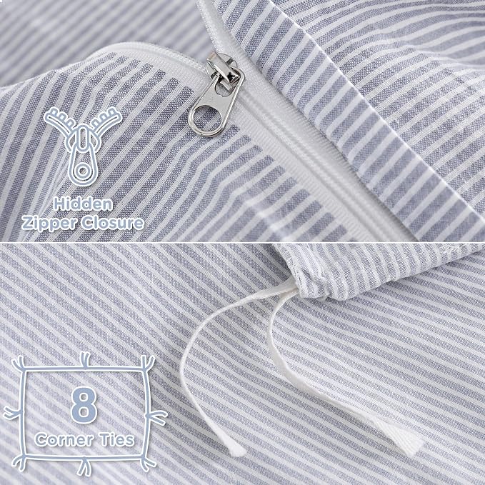 TOCOMOA Blue Striped Duvet Cover Set 100% Washed Cotton Like Linen, King | Linen-Like Feel Soft, Breathable & Comfy for All Season. Pinstriped Bedding Set with Zipper & 8 Ties. 3 Pcs, No Insert