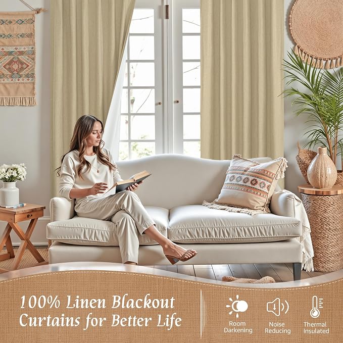 63 Inch 100% Blackout Linen Curtains for Bedroom 2 Panels, Burlap | Thermal Insulated, Privacy, Short Window Curtains, Room Darkening Panels, Rod Pocket Back Tab, with White Liner, 42 x 63 Inch