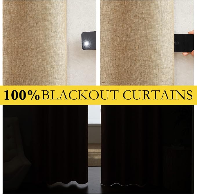 NICETOWN 100% Absolutely Blackout Linen Curtains with Thermal Insulated White Liner, Camel, W42 x L90, 2 Panels, Long Curtains 90 inch Length for Patio Door, Doorway, Office, Overnight Shiftworker