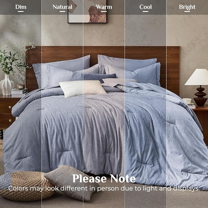 JOLLYVOGUE Navy Blue Full Comforter Set, Cationic Dyeing Bed in a Bag Full 7 Pieces, Double-Tone Bedding Set with Down Alternative Comforter, Sheets, Pillowcases & Shams