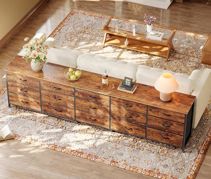 Huuger 86.6 Inch Long Dresser for Bedroom, TV Stand for 65, 75, 85 Inch TV | 15 Large Fabric Drawer Dresser, Entertainment Center for Bedroom, Wide Chest of Drawer with Storage