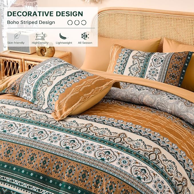 Cottolester Boho Comforter Set Full Size,8 Pieces Brown and Green Bohemian Striped Bed in a Bag,Paisley Soft Microfiber Bedding Comforter Set