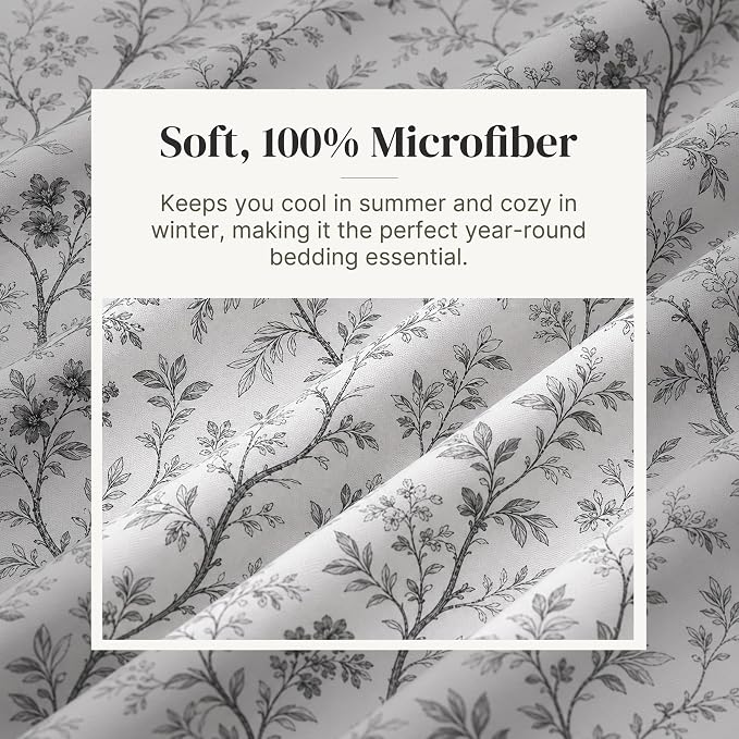 Modern Threads Silky Soft Microfiber and Wrinkle Free Sheets - Luxurious Microfiber Bed Sheets Includes Flat Sheet, Fitted Sheet with Deep Pockets, & Pillowcases Grey Garden Toile, Twin