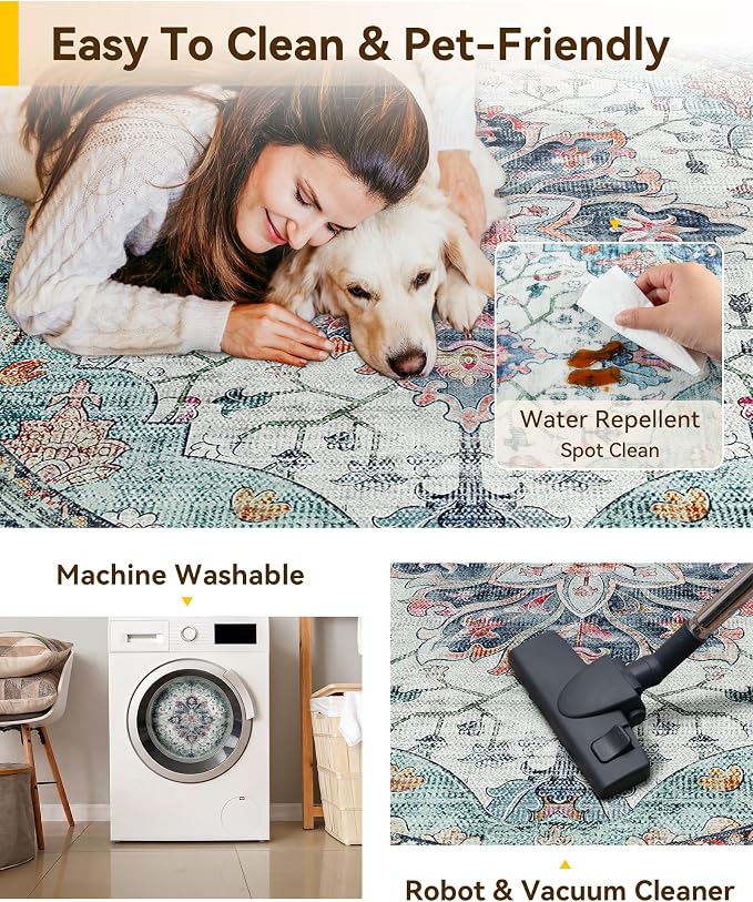 RELEANY Washable Area Rug, Round 6ft, Teal Green/White/Navy | Non-Slip, Water Repellent, Pet Friendly, Easy to Clean, Vintage Floral Boho Decor for Living Room Bedroom Dining Room