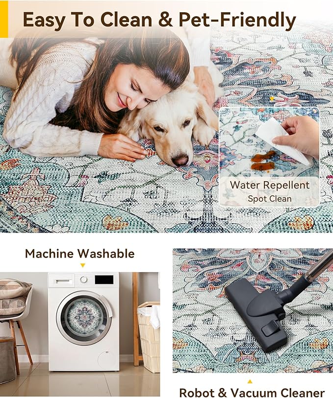 RELEANY Washable Area Rug, Round 10ft, Teal Green/White/Navy | Non-Slip, Water Repellent, Pet Friendly, Easy to Clean, Vintage Floral Boho Decor for Living Room Bedroom Dining Room