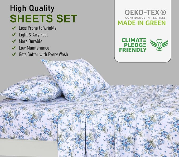 RUVANTI 100% Cotton Percale Sheets Split King Size, Paislyona | Crisp Cooling, Deep Pocket 16", Soft Breathable & Durable, Hotel-Style, 5 Piece Set