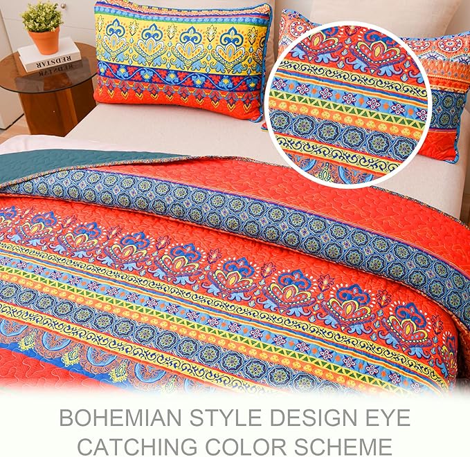 Exclusivo Mezcla Reversible Boho Quilt King Size Blue | Lightweight Soft Bedspreads, All Season Bohemian Coverlet Bedding Set, Printed Floral Pattern, 1 Quilt and 2 Pillow Shams