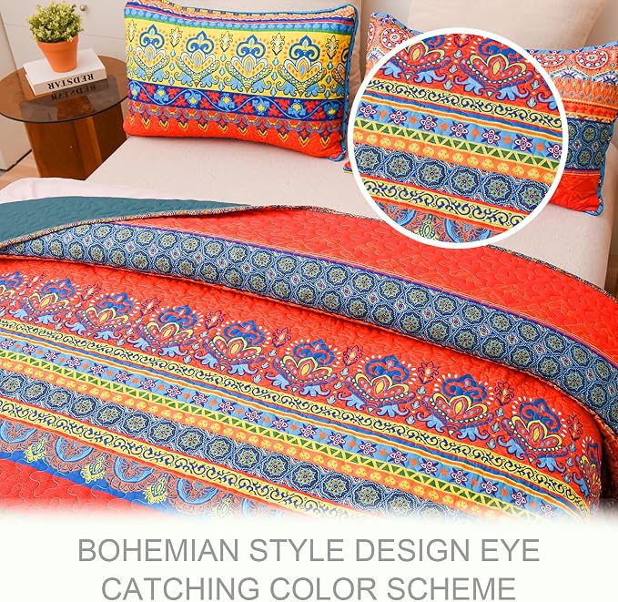 Exclusivo Mezcla Reversible Boho California King Quilt, Blue | Lightweight Soft Bedspreads, All Season Bohemian Coverlet Bedding Set, Printed Floral Pattern, 1 Quilt and 2 Pillow Shams