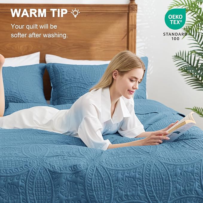 Love's cabin Oversized King Size Quilt Bedding Set Misty Blue Bedspreads - Oversized King Lightweight Bedspread Comforter - Coin Pattern Coverlet for All Season - 3 Pieces (1 Quilt, 2 Pillow Shams)