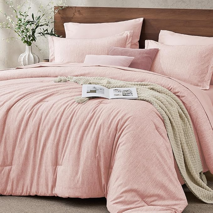 JOLLYVOGUE Rose Pink Queen Comforter Set, Cationic Dyeing Bed in a Bag Queen 7 Pieces, Double-Tone Bedding Set with Down Alternative Comforter, Sheets, Pillowcases & Shams