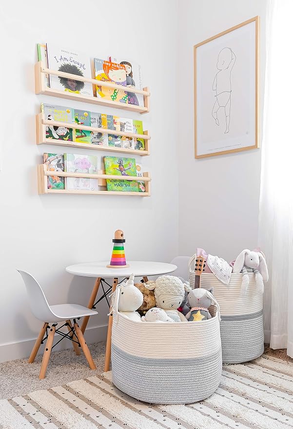 OrganiHaus Round Toy Basket & Blanket Basket, Cotton Rope 20x13" | Striped Gray - Round Cotton Rope Basket, 20x13"